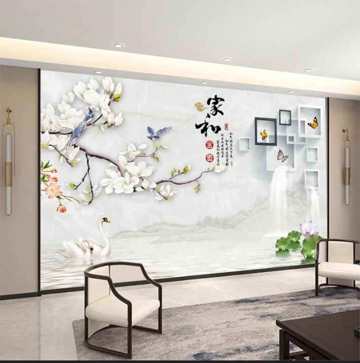 家和富贵墙纸客厅电视背景墙壁纸新中式8d立体浮雕壁画花鸟壁布画