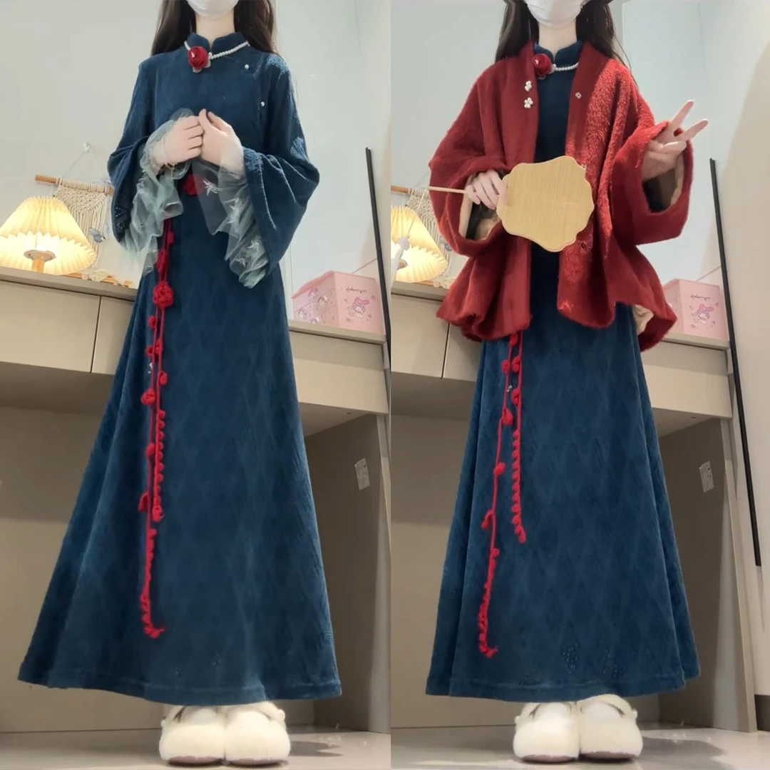 新中式国风独特漂亮秋冬一整套复古改良外套旗袍连衣裙女两件套装