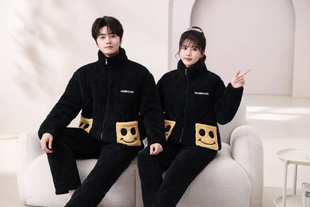 【情侣款笑脸】冬季新款女三层夹棉睡衣女拉链加绒加厚保暖家居服