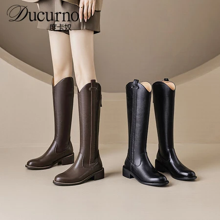 DUCURNO时尚美拉德宽筒靴女棕色真皮显瘦骑士靴后拉链不过膝长靴
