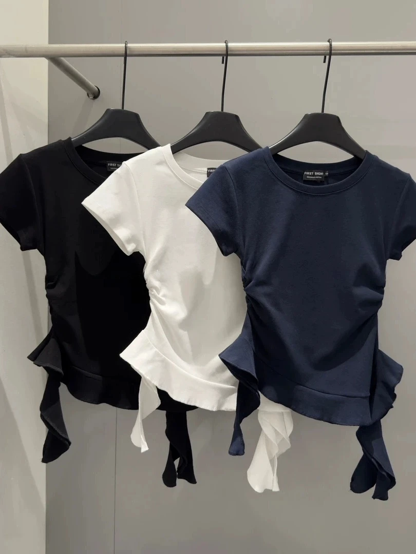 修身型不规则下摆杂志风短袖T恤露脐韩版辣妹修身