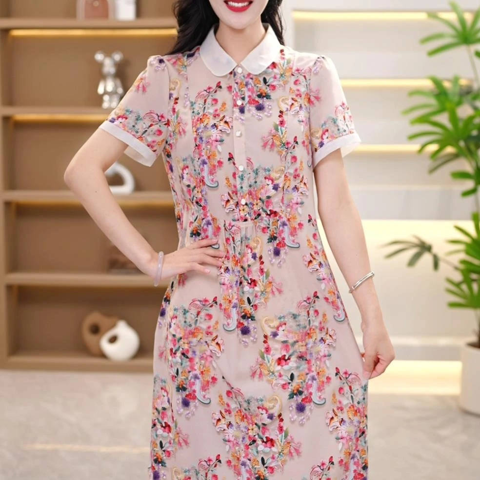 【SJYF592】夏季连衣裙中长款气质中式收腰印花修身女装连衣裙