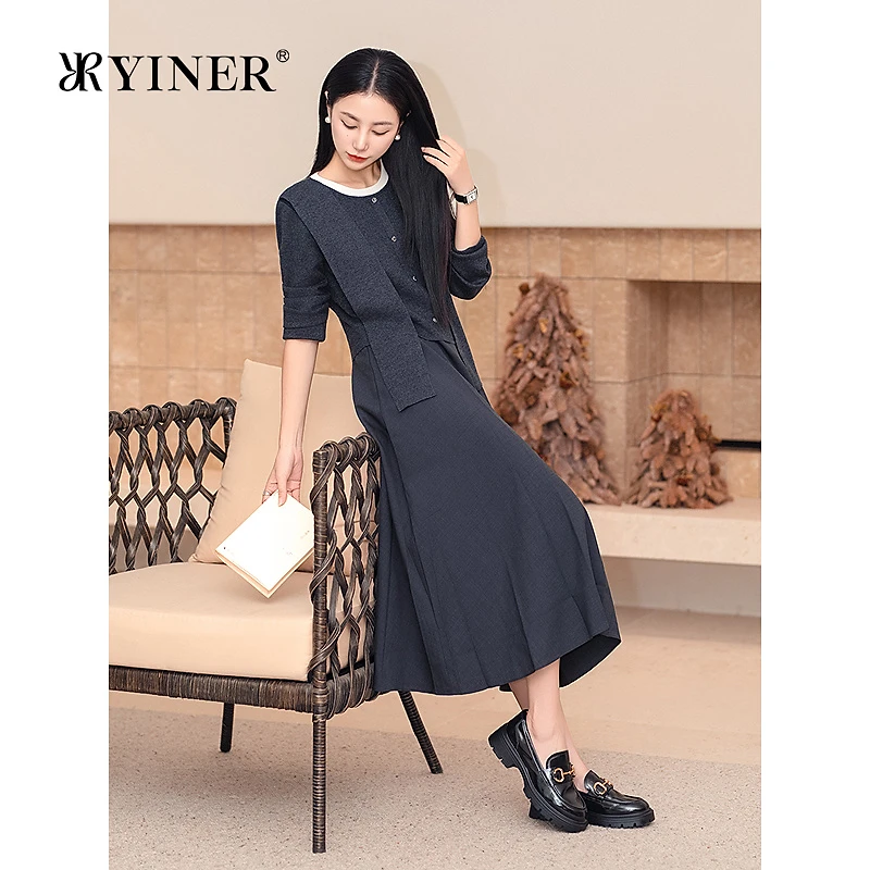 YINER音儿2025秋季新款法式美丽诺羊毛混纺撞色假两件连衣裙