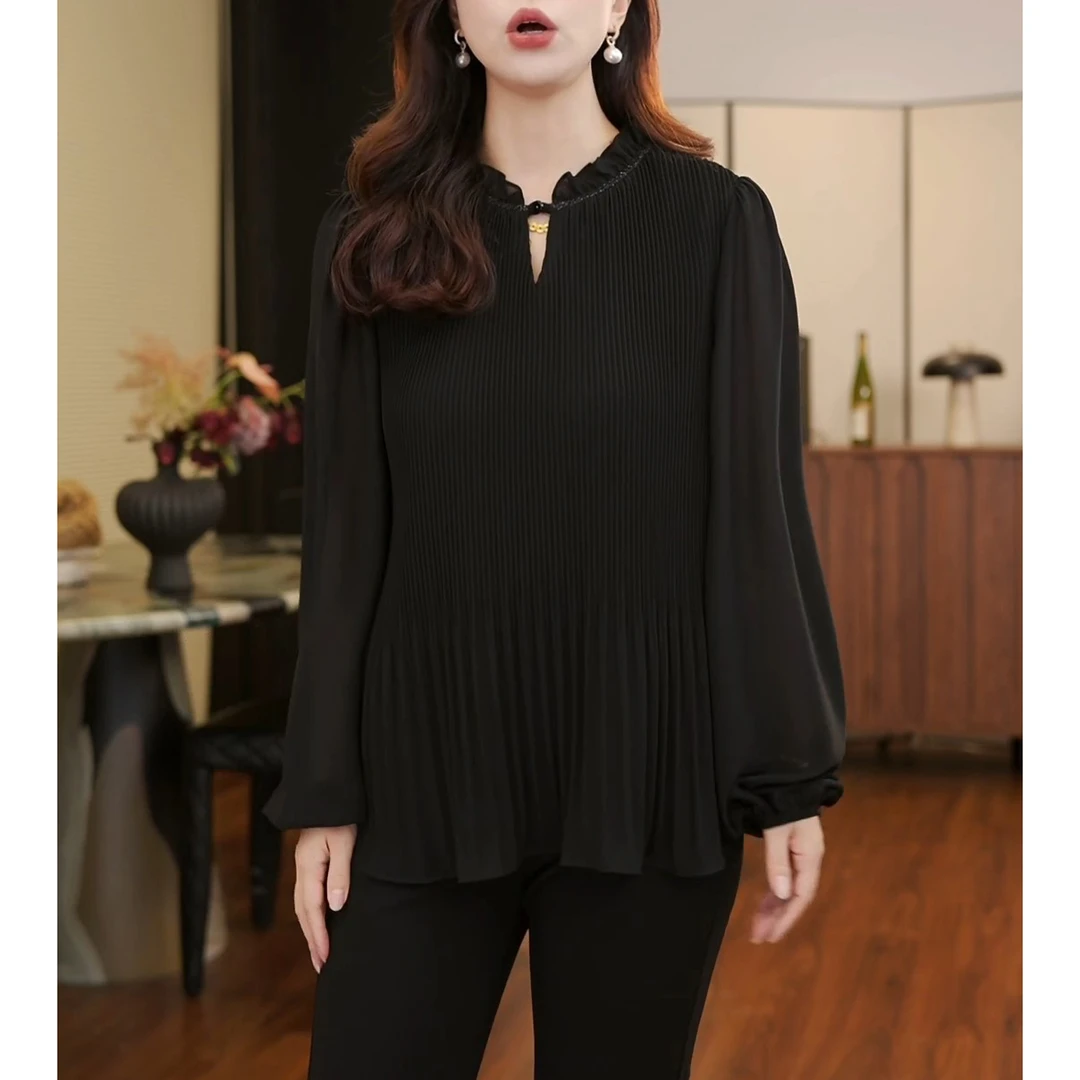 大码时尚宽松设计感百搭显瘦衬衫秋季新款气质拼接木耳边小衫上衣