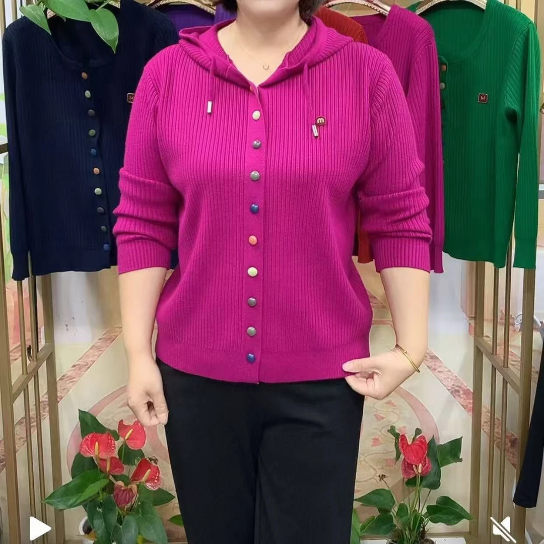 大码宽松妈妈装连帽针织开衫上衣秋季新款中年女洋气减龄毛衣外套