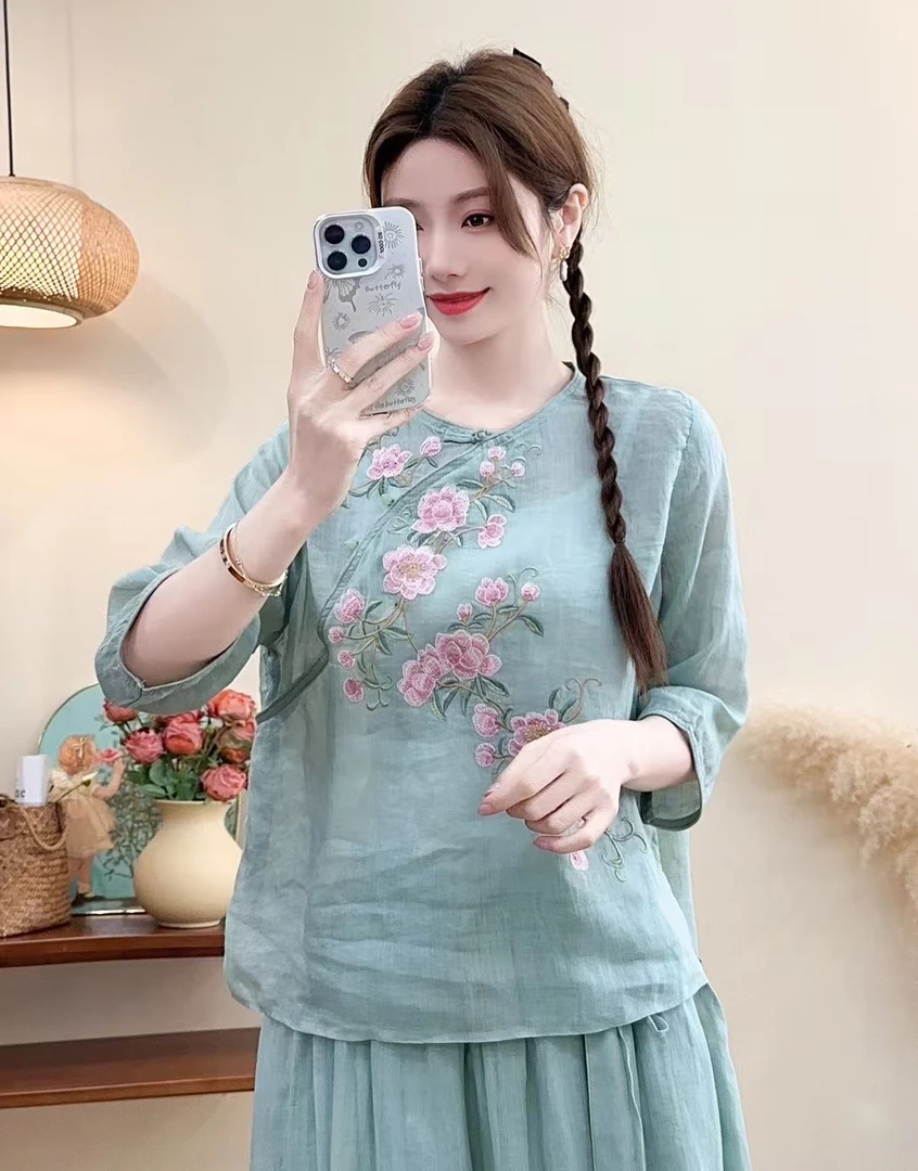 新中式禅意刺绣苎麻上衣复古文艺斜襟设计短袖衬衫6918