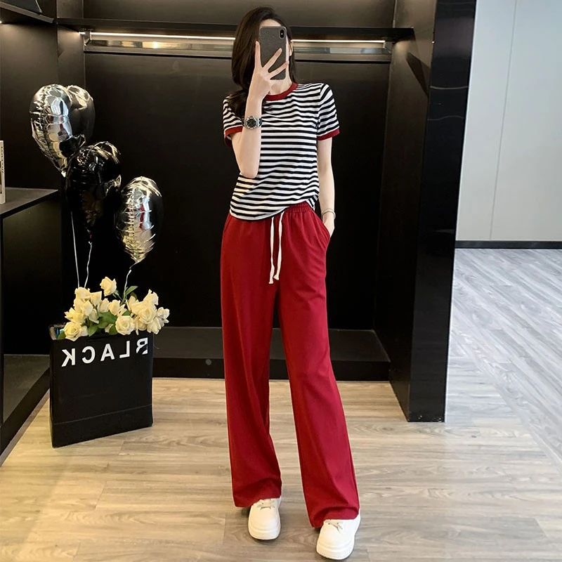 减龄时尚洋气运动风套装女夏2025休闲条纹短袖阔腿长裤两件套显瘦
