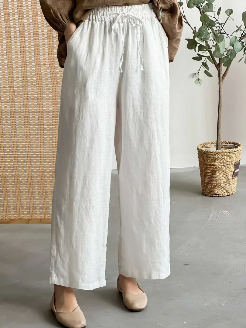 新款100纯复古宽松阔腿女裤麻垂感亚麻九分200-230斤显瘦休闲白色