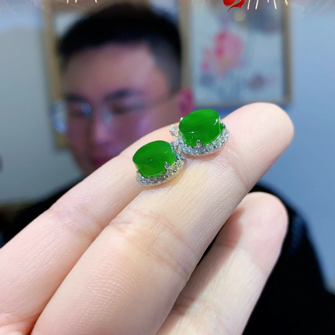 和田玉（碧玉）耳饰银S925镀金镶嵌