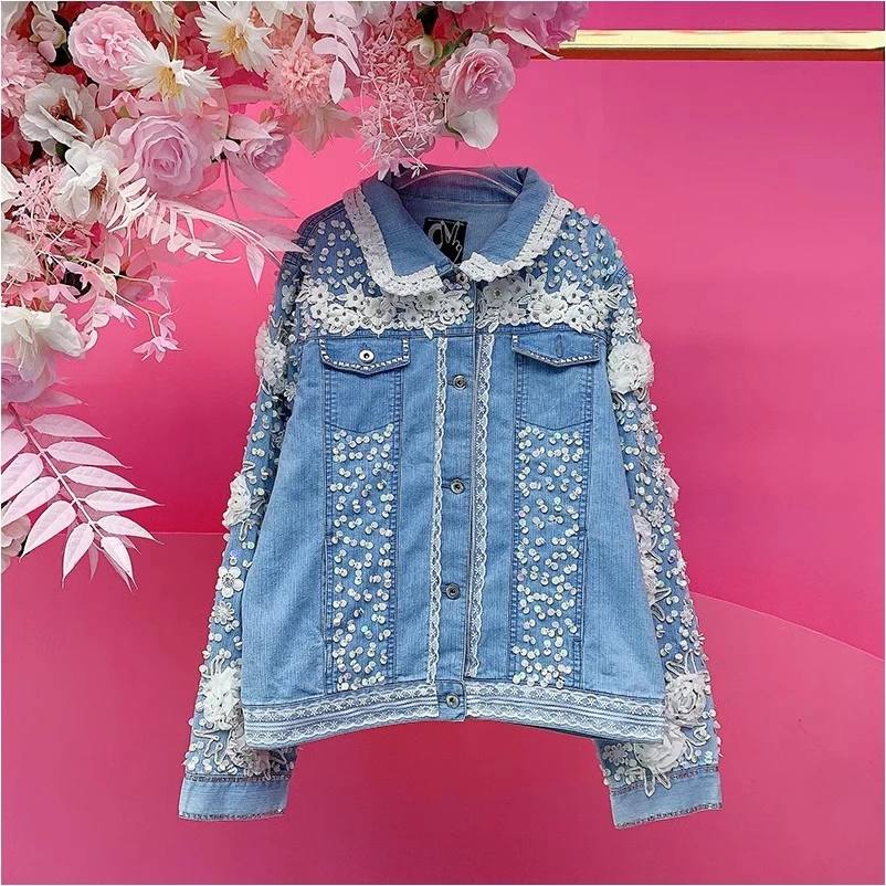 X21958泰国潮牌2025夏季新款重工刺绣钉珠亮片花边休闲牛仔外套女