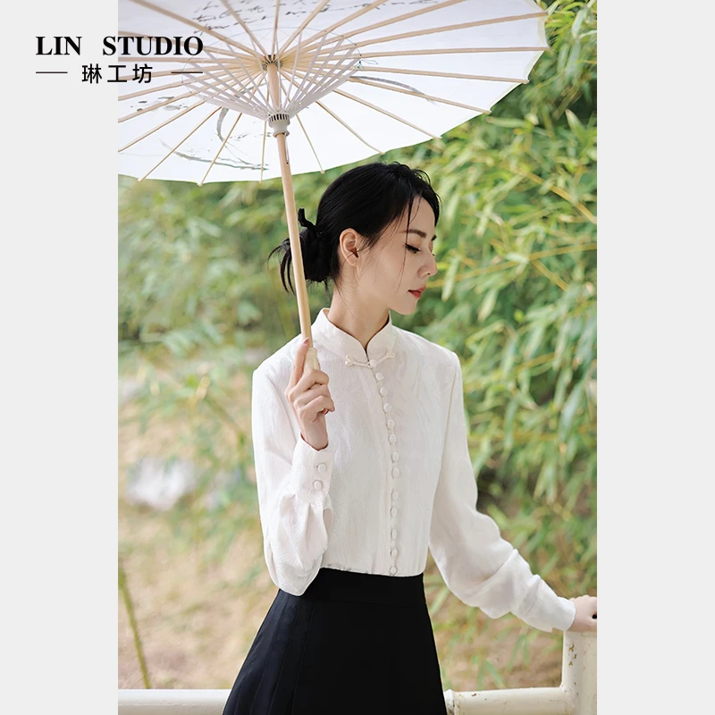 【桑蚕丝】琳工坊冰姿白色中式衬衫提花气质优雅国风新款唐琳设计师