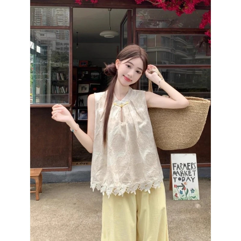 重工复古夏季无袖镂空小众气质薄款套装 2025夏季新中式国风钩花