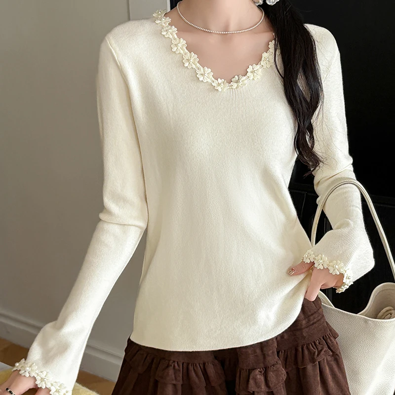 秋冬长袖毛衣重工花边领口袖子钉珠针织衫女打底衫内搭外穿上衣