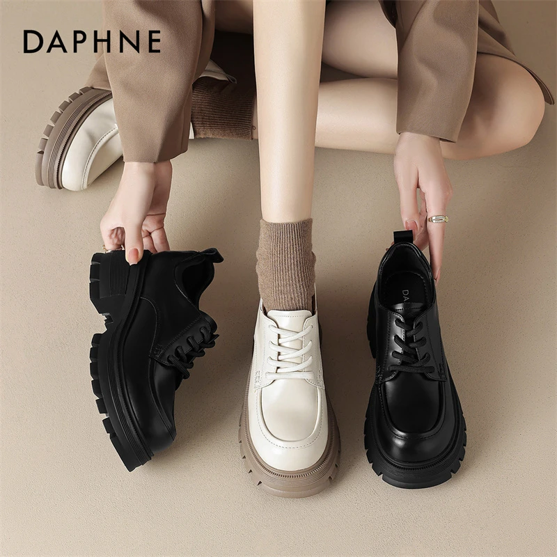 达芙妮25春夏季时尚百搭厚底粗跟圆头软底系带乐福鞋学院风小皮鞋