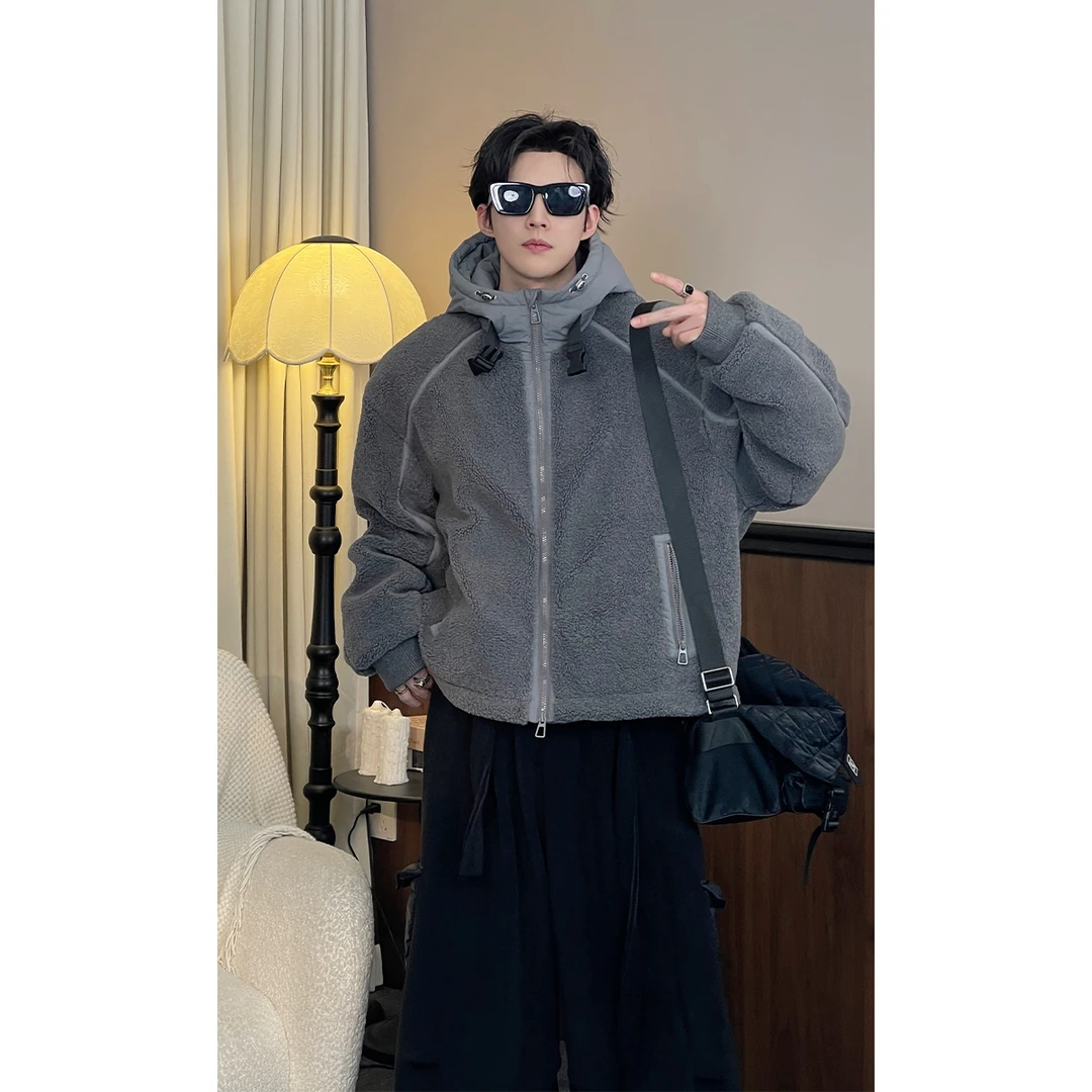 龙叨叨冬季新款潮流美式复古拼接摇粒绒加厚保暖百搭连帽羽绒服