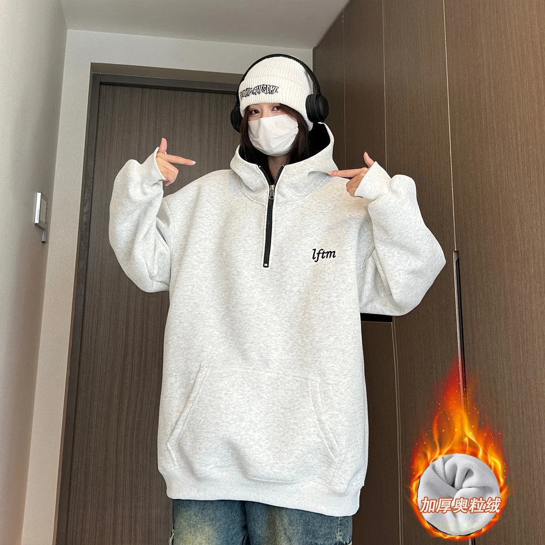 秋冬加绒加厚半开衫套头连帽刺绣卫衣男女潮牌设计感拼色上衣外套