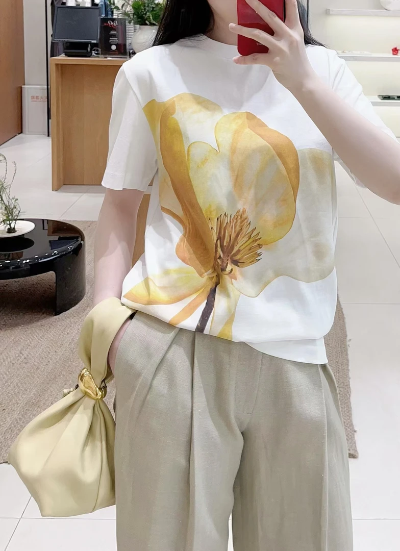 NE2025新款白玉兰艺术印花纯棉T恤1152 Q