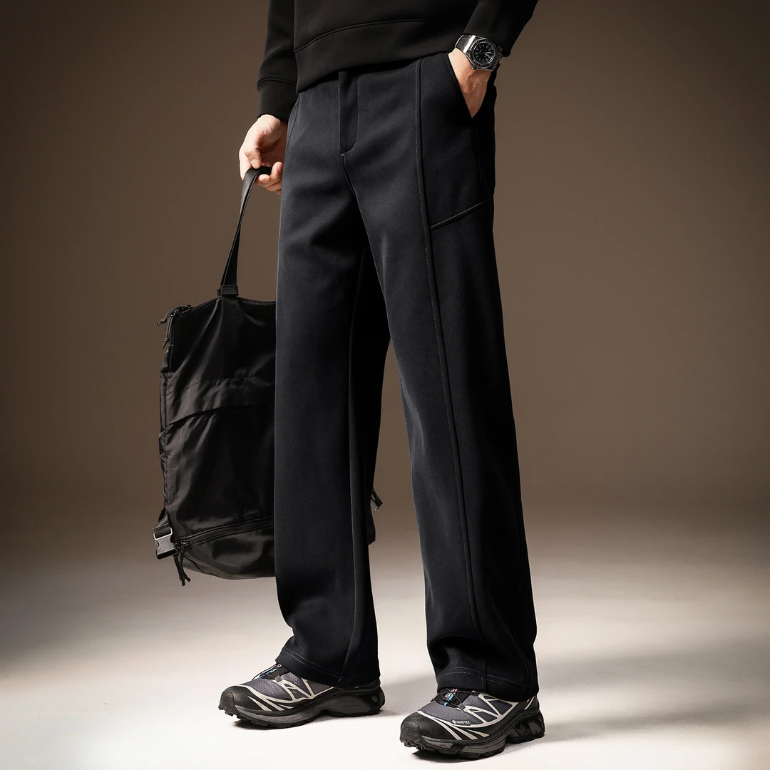高端美式垂感运动卫裤男冬季加绒宽松直筒阔腿弯刀拼接黑色休闲裤