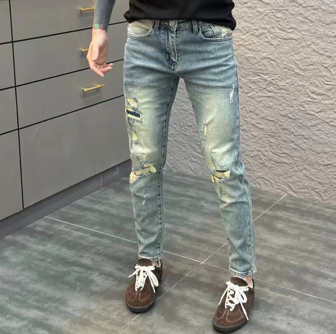 破洞牛仔裤男夏季薄款潮牌新款韩版膝盖裤修身小脚裤