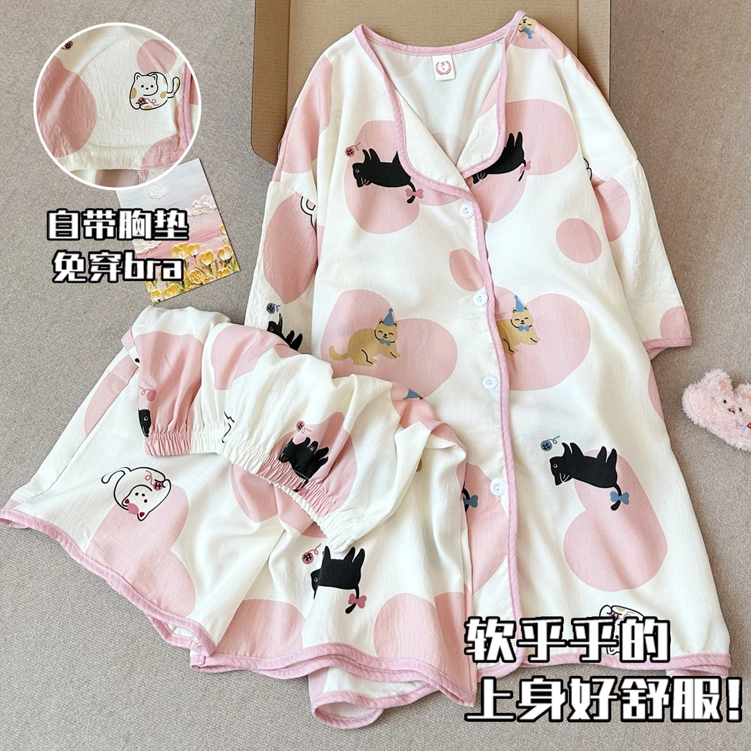 猫咪睡衣女夏季短袖薄款云朵棉带胸垫2025新款夏天休闲家居服套装
