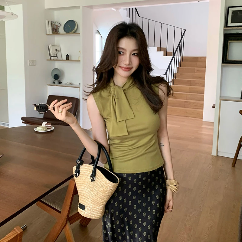 【ALONE SAVOR】龍喜儿 染夏  扭结绑带气质无袖上衣T恤 Z174