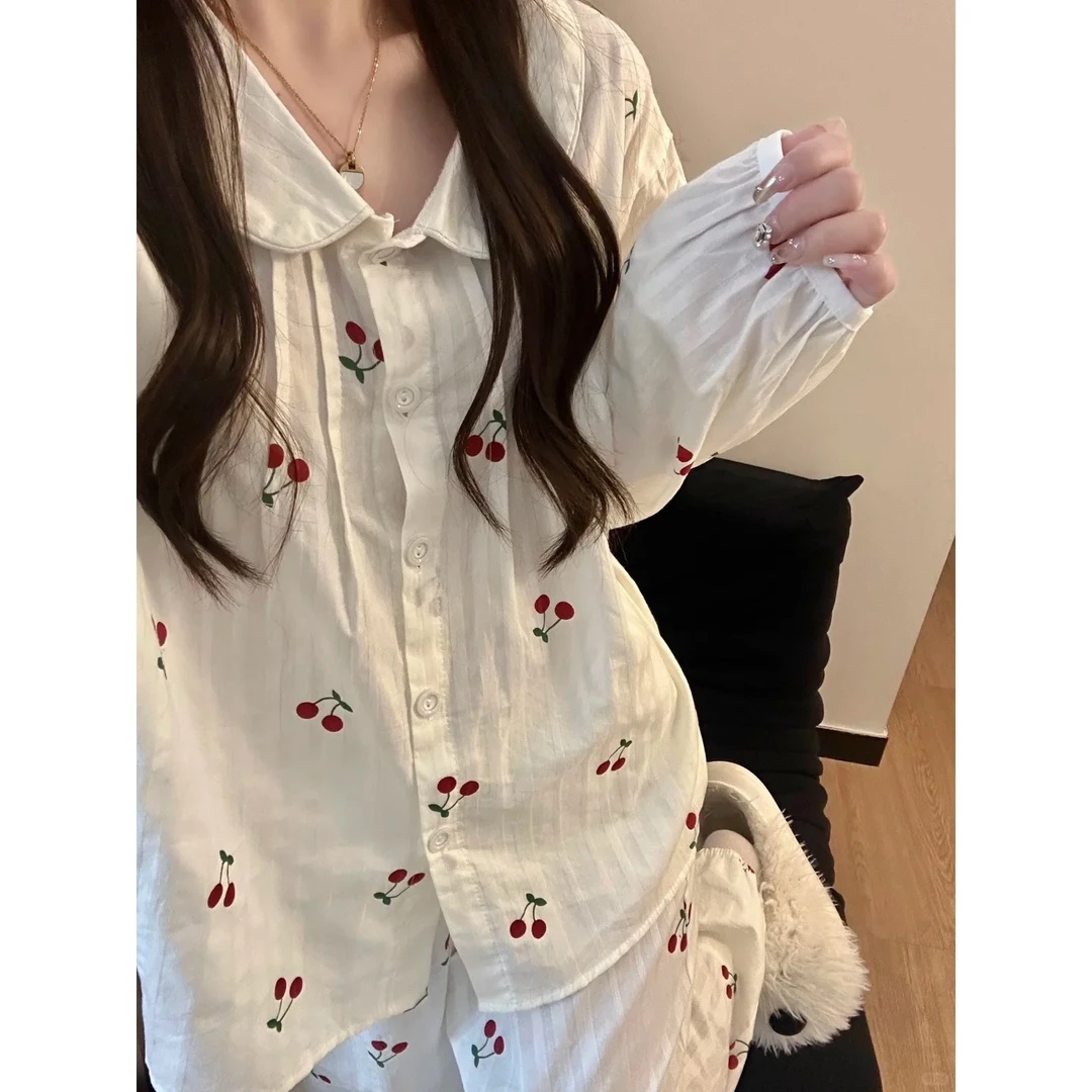 可爱甜美娃娃领可爱樱桃印花睡衣女2025春秋长袖家居服套装可外穿
