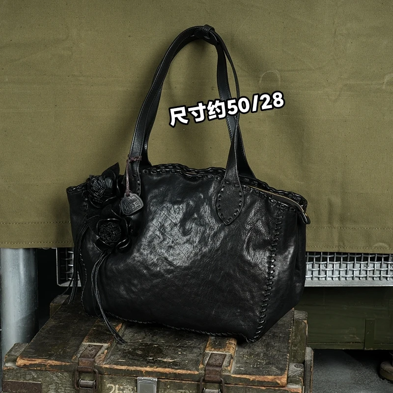 制道手工女士单肩手提包复古时尚大容量简约百搭通勤托特高货马皮