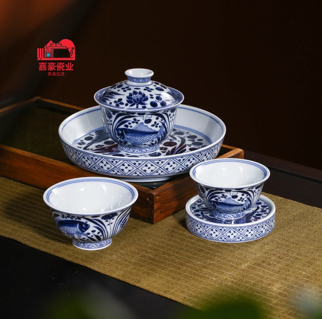 景德镇青花瓷仿元鱼藻纹茶具盖碗壶承套装家用高端中式国风茶器