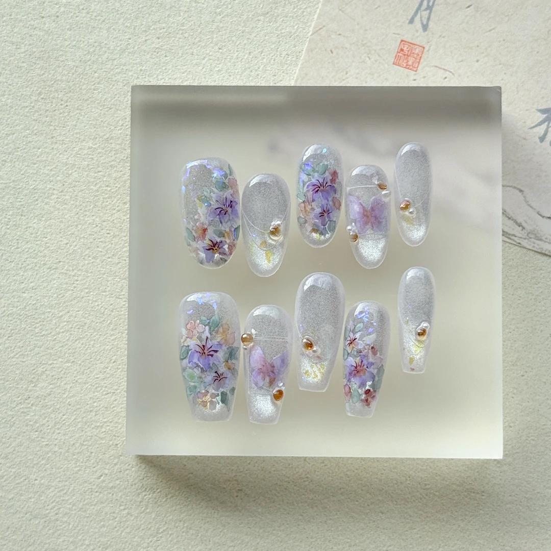 原创·夏梦｜油画猫眼小众手绘水彩蝴蝶穿戴甲美甲