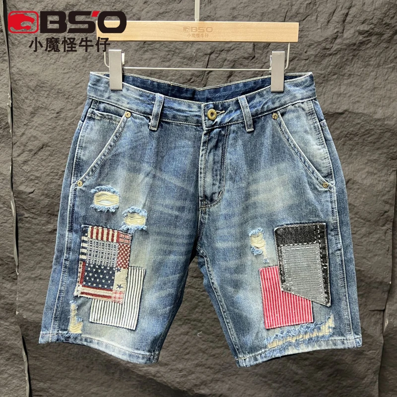 小魔怪夏季新款拼接破洞牛仔短裤男五分裤潮牌弹力时尚中裤子马裤