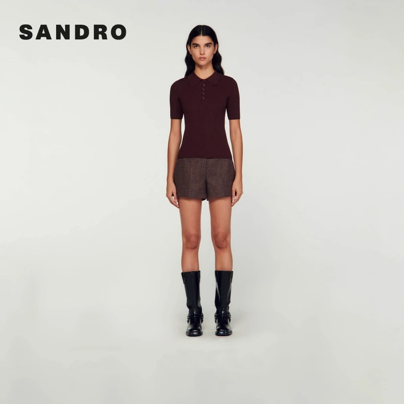 SANDRO新款女装法式气质修身翻领舒适针织上衣SFPPU01990