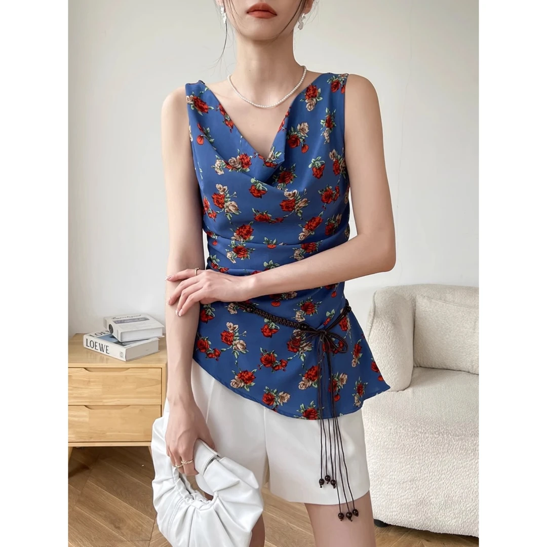 蓝色雪纺碎花吊带背心女夏外穿不规则法式内搭无袖打底上衣设计感