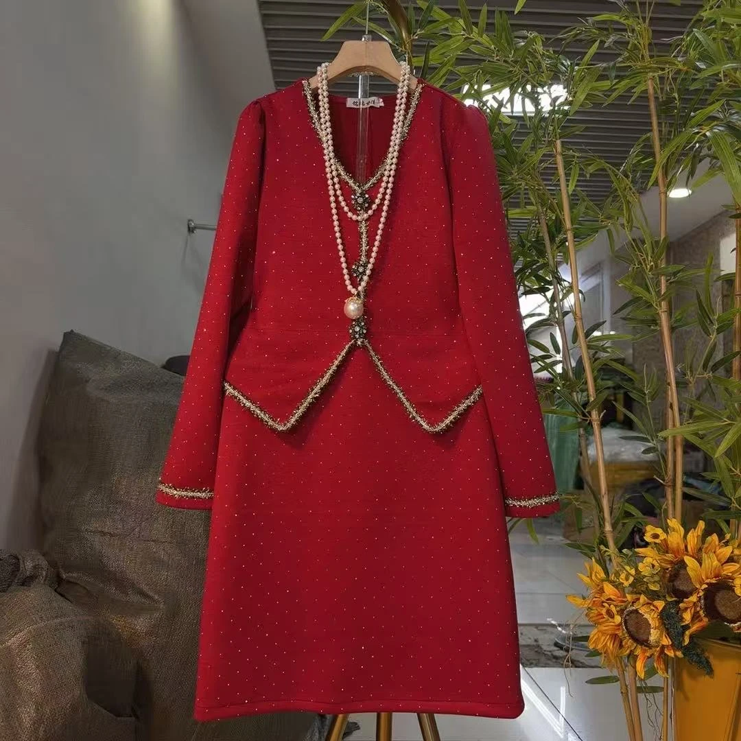 欧货气质亮钻假两件显瘦连衣裙秋冬微胖时尚小香风女神爆款8052