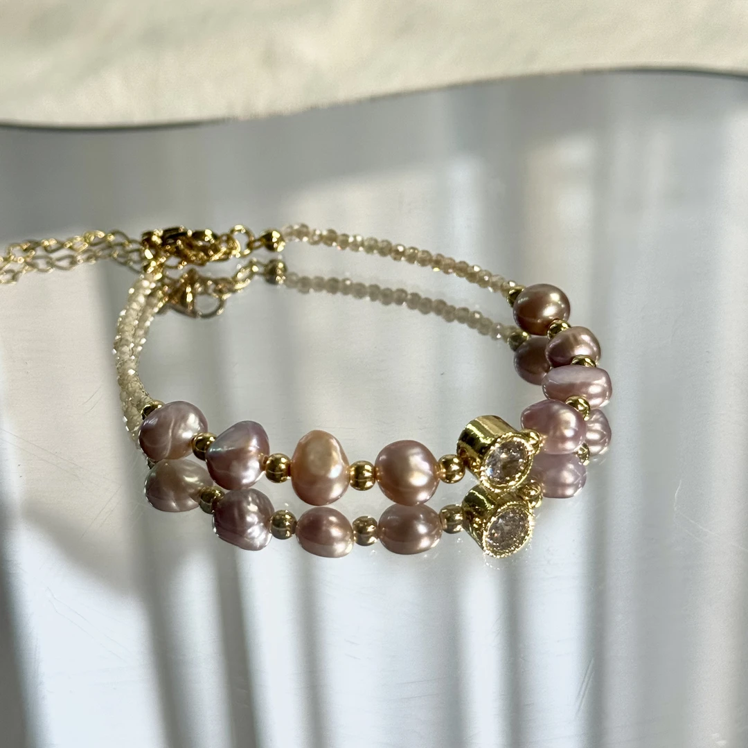 合成金属仿水晶手链 “金缕粉雾”巴洛克淡水珠珠百搭气质珍珠手链