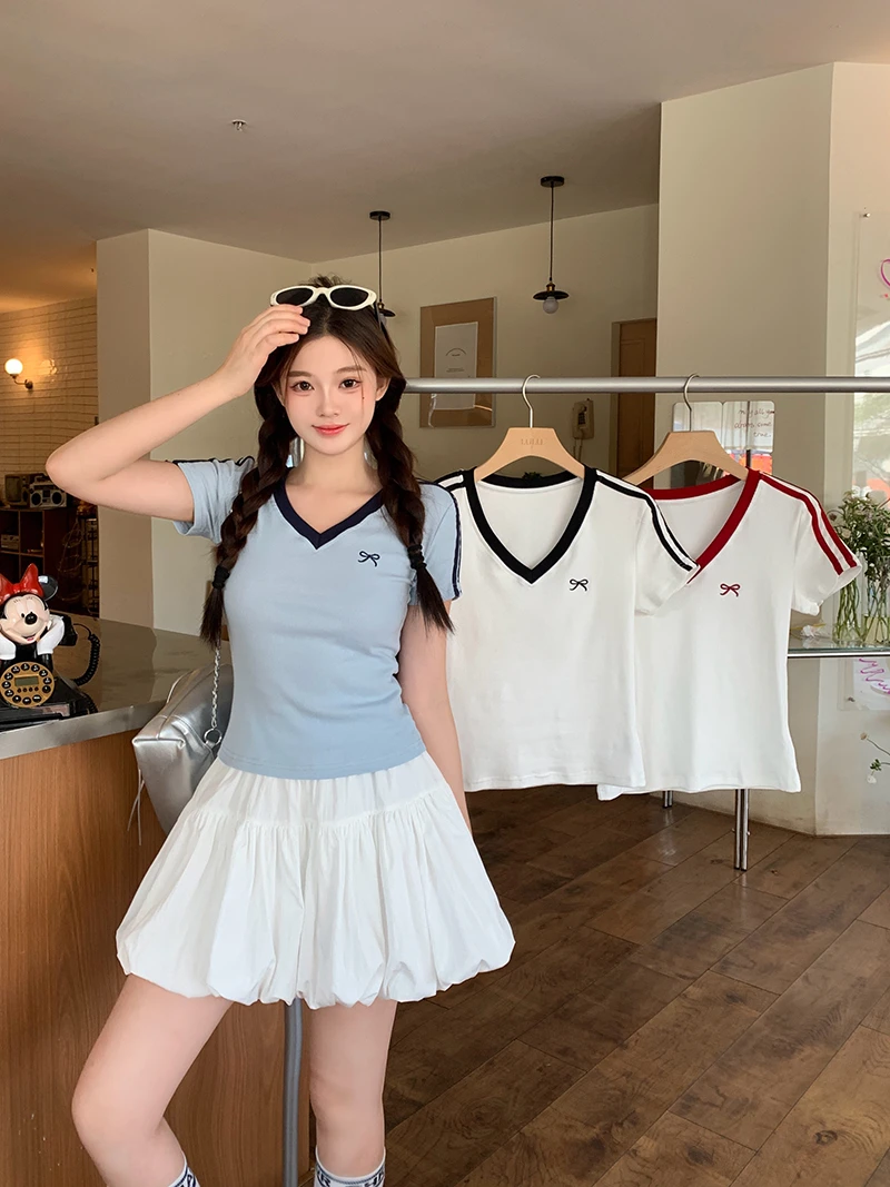 2025夏装新款胖mm大码女韩系休闲撞色刺绣蝴蝶结短袖T恤35191