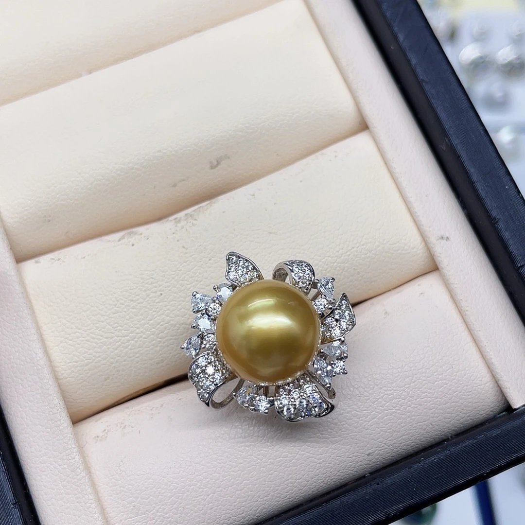 戒指海水珍珠银S925镶嵌金珠浓金花朵戒指12.6mm