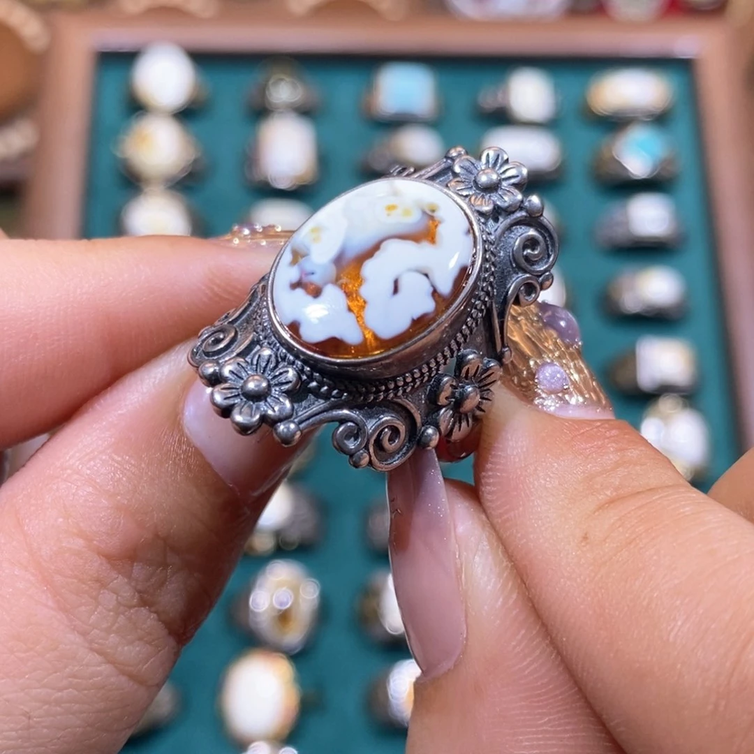 琥珀戒指银S925镶嵌奶****? 戒指