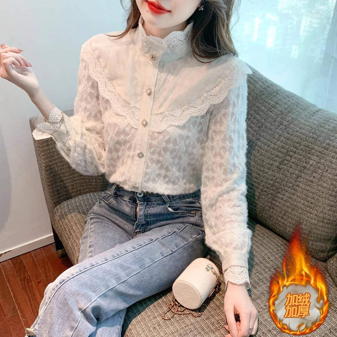 加绒保暖蕾丝打底衬衫女士秋冬爆款法式半高领长袖上衣设计感衬衣