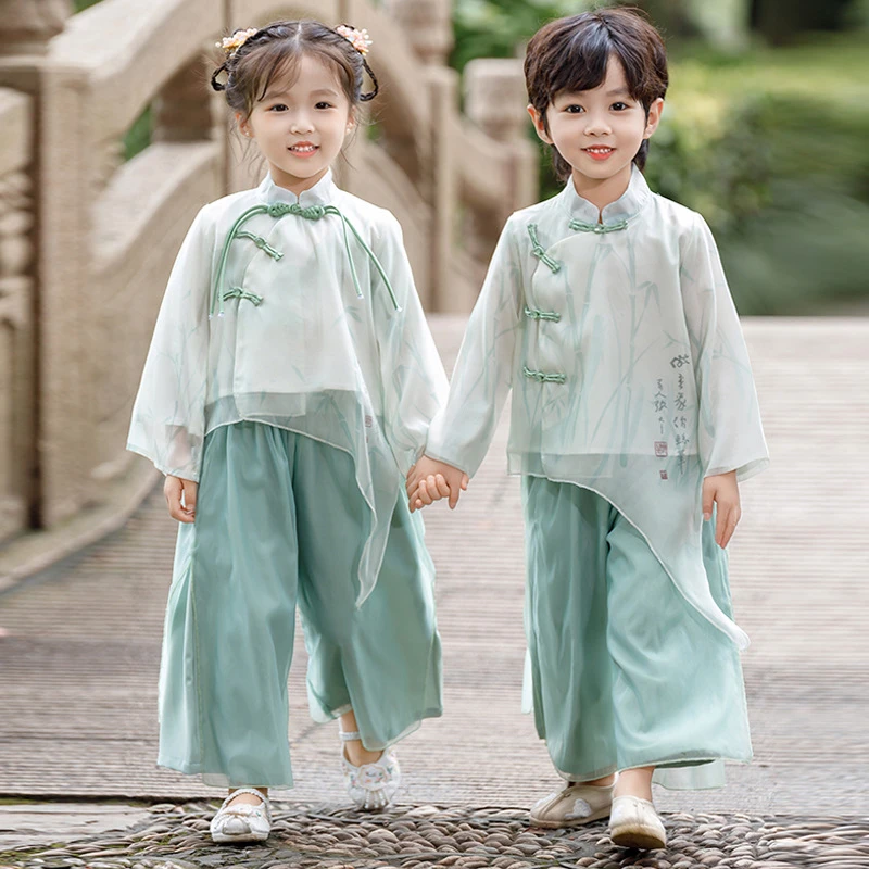 儿 童汉服秋装新款姐弟装唐装中国风三字经舞蹈国学中秋表演服装