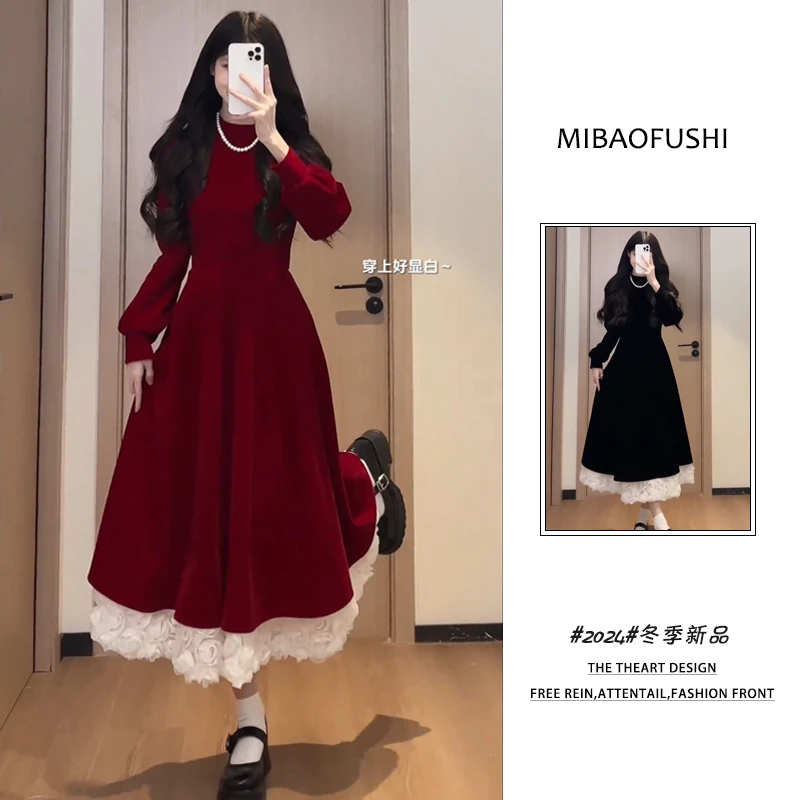 【现货】秋季穿搭一整套韩版2025跨新圣诞红色连衣裙收腰显瘦长裙