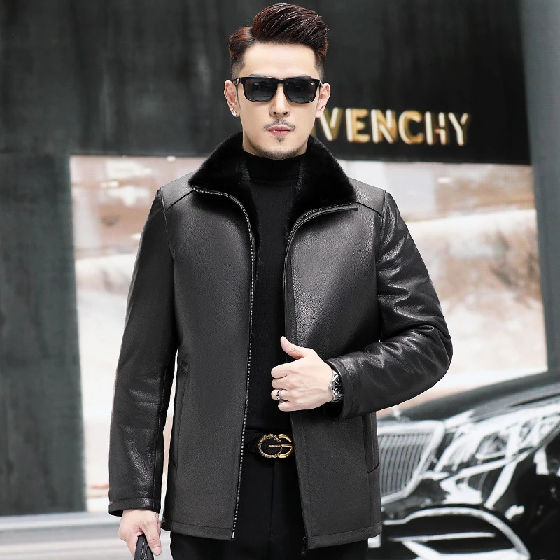 头层山羊皮皮衣男真皮中长款水貂内胆皮毛一体商务皮夹克冬季外套