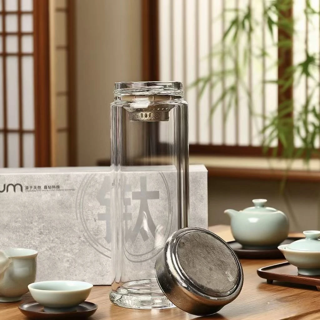 新款纯钛高硼硅双层玻璃水杯高档透明便携隔热带盖大容量耐热