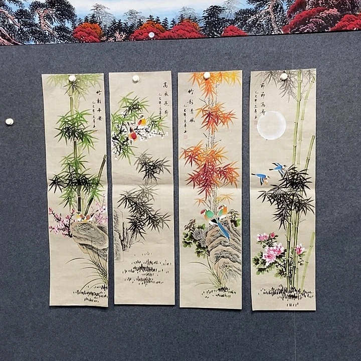 国画四条屏花鸟一套