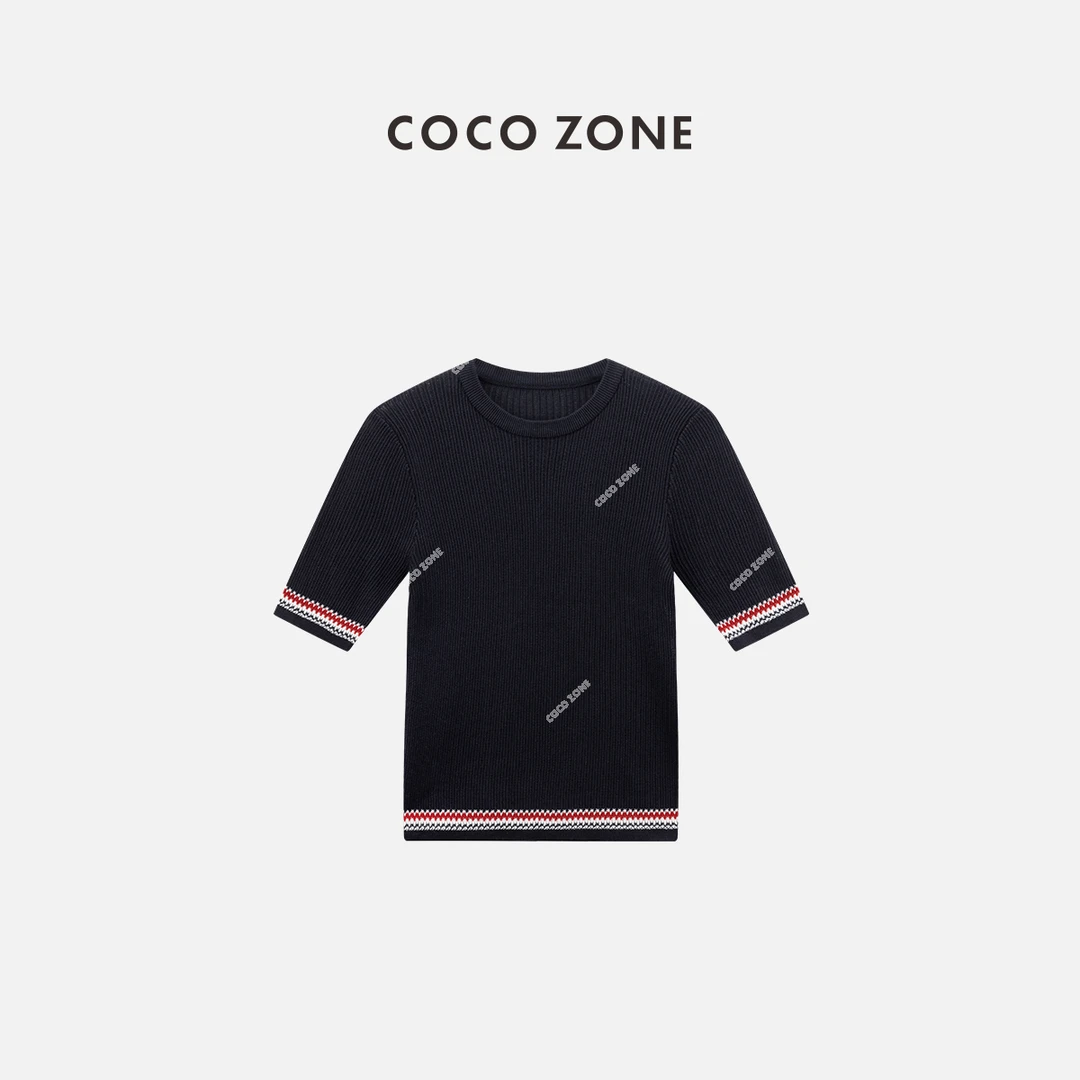 COCO ZONE2024"查理"小香风撞色短袖针织衫圆领百搭上衣 CC2B0844