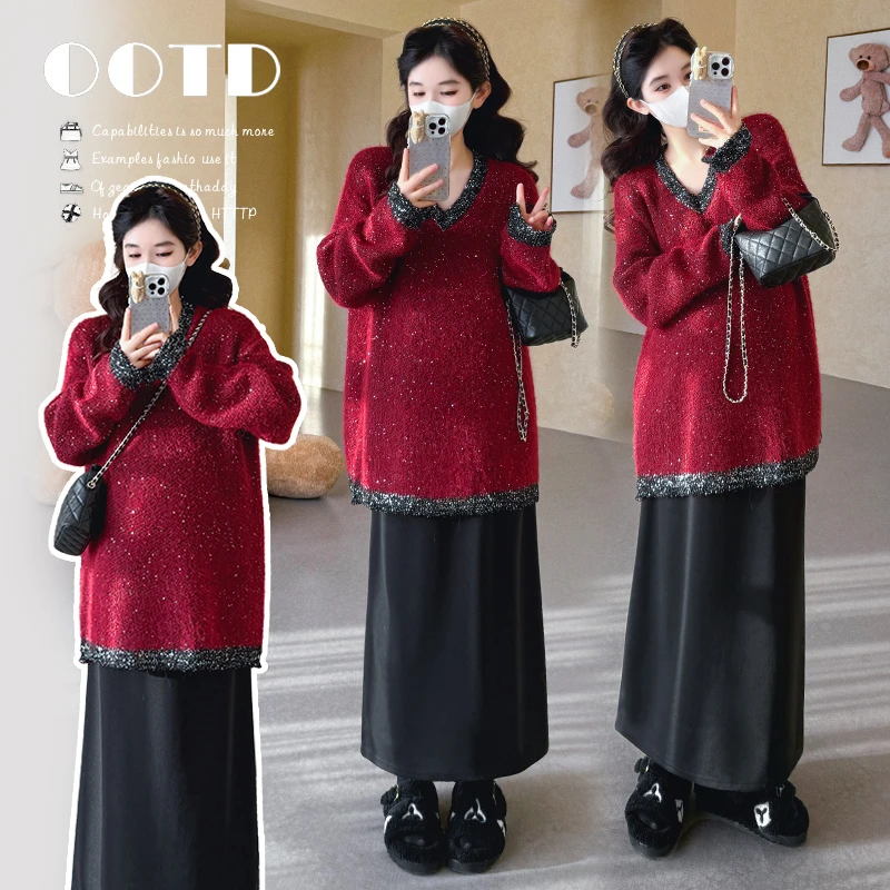 孕妇装2025秋冬时尚新款显瘦v领宽松套头上衣+百搭半身裙两件套