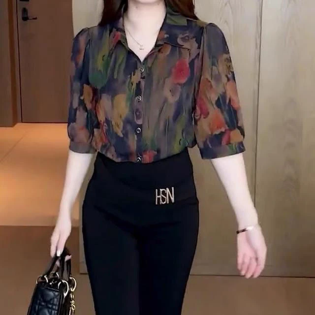 单排多扣夏季圆领薄款印花衬衫百搭韩版春夏遮肚时尚夏装气质