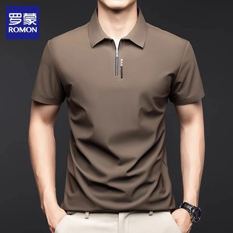 罗蒙冰丝短袖t恤男士夏季新款半拉链翻领上衣休闲商务半袖Polo衫