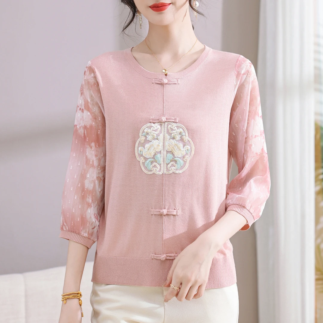 中老年女装阔太太气质高贵七分袖上衣服薄款妈妈春装针织纱袖小衫