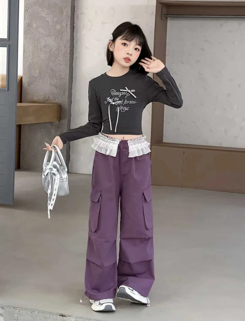 秋季新款女童宽松休闲工装裤中大童适用休闲裤运动直筒百搭阔腿