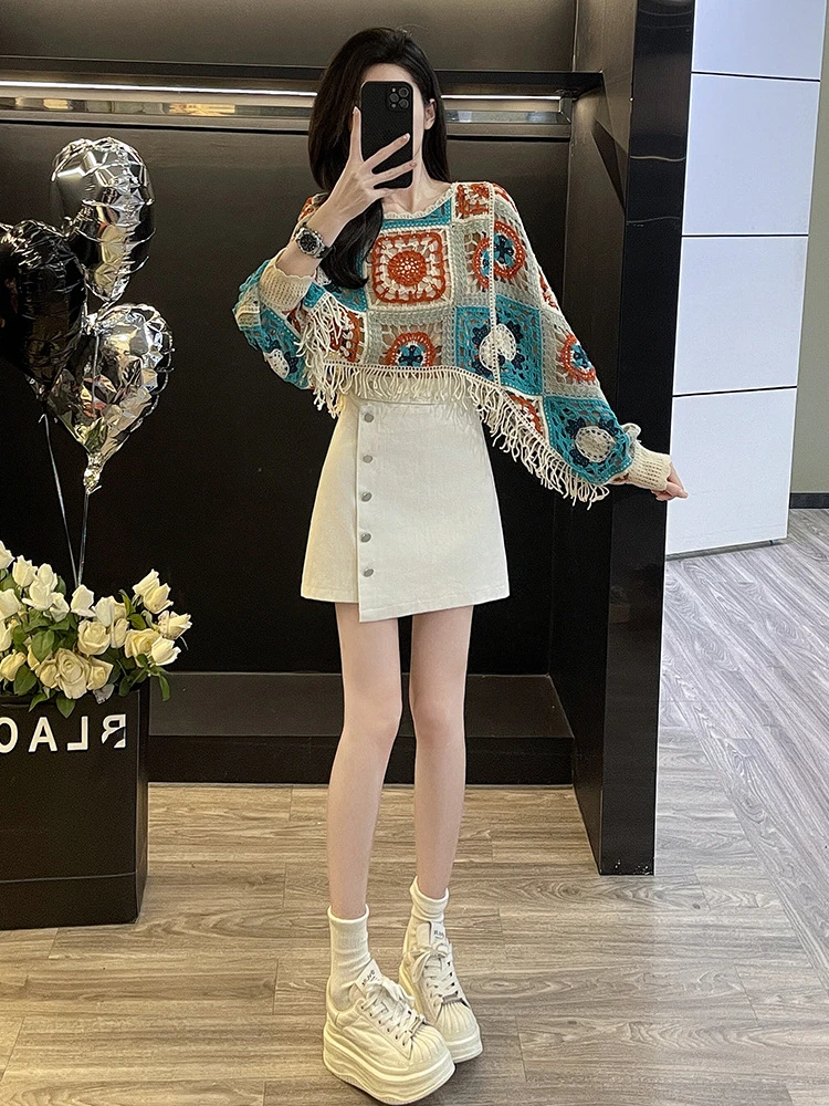 针织罩衫牛仔短裙休闲时尚套装女长袖洋气时髦御姐气质小众两件套